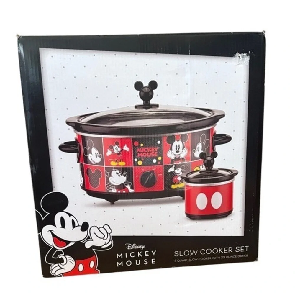 Disney Mickey Mouse Slow Cooker Set:5-Quart Oval & 20-Ounce Dipper Black Red NIB
